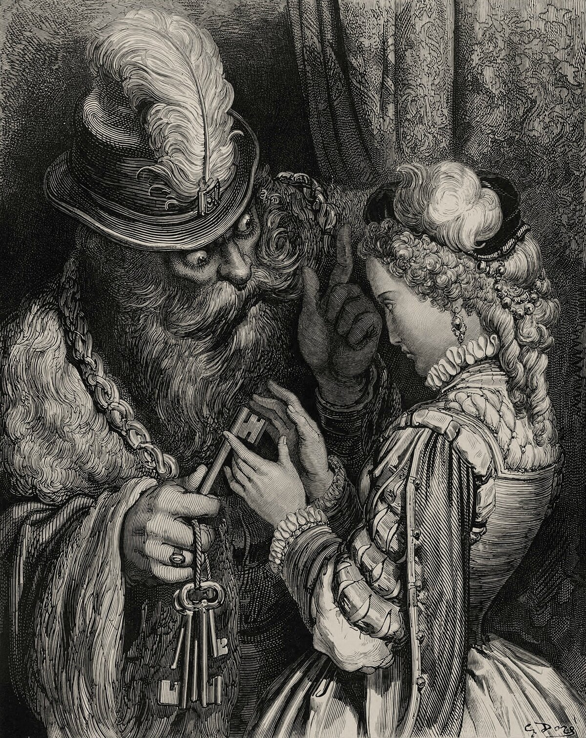 Известная антикварная гравюра Гюстава Доре "Синяя Борода"